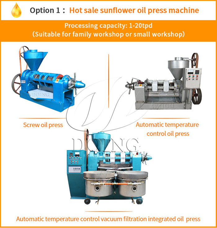 Three types of sunflower oil presses